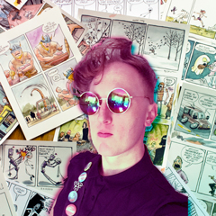 a photo of alison j wearing round rainbow sunglasses in front of a wall of comics she has created